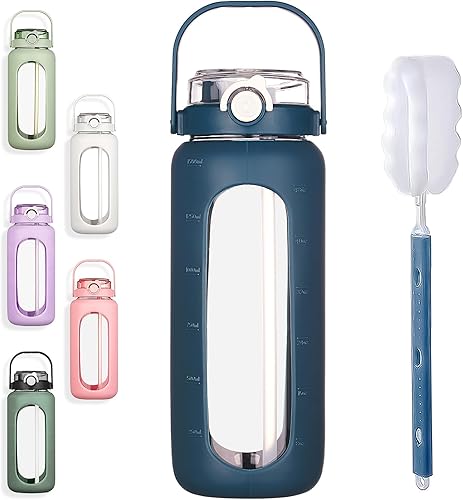 BLUEGO Botellas de agua de vidrio de 56 onzas con marcador de tiempo y pajilla, botella de agua motivacional grande de medio galón con funda de