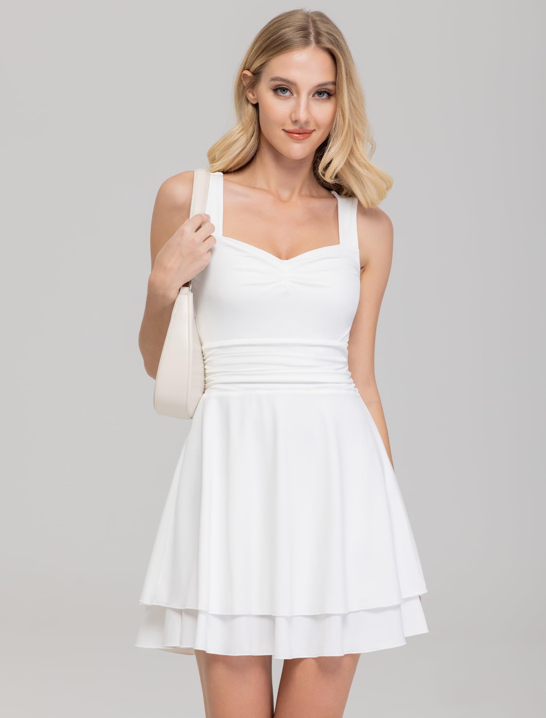 IWD Vestido corto sin mangas con cuello cuadrado para mujer, cintura fruncida, dobladillo con volantes, acampanado
