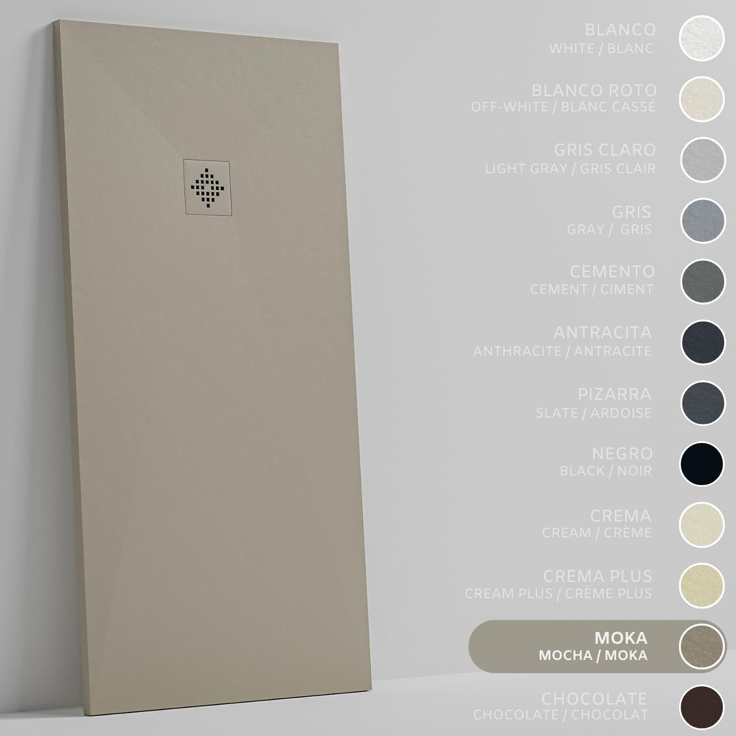 SoulHome Plato de Ducha Resina 60x60 Moka - Rejilla Mismo Color | Antideslizante C3, Extraplano, Resina y carga mineral, Textura Liso Piedra, Antibacteriano, Gel-coat, Incluye válvula desagüe