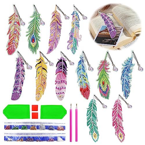 Lymshine Diamond Art Bookmarks Kits, 12 Pcs Diamond Painting Feather Bookmarks with Crystal Pendant