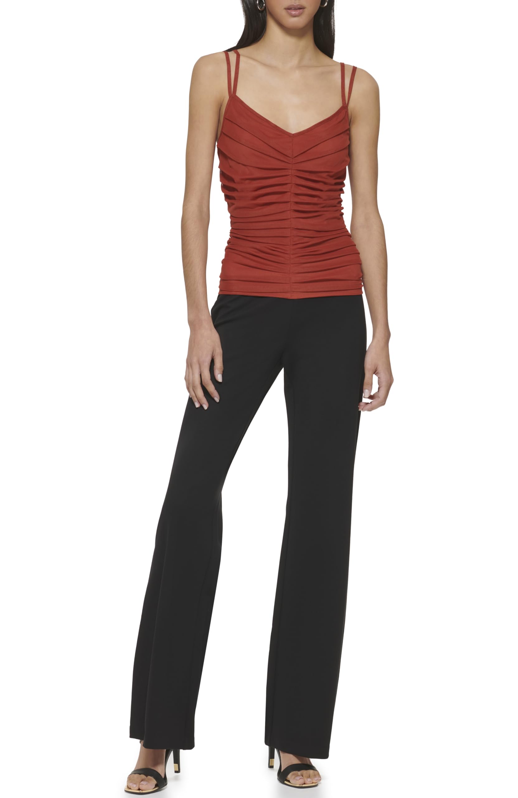 DKNY Ruching Mesh Double Strap Top Parte Superior de Malla Fruncida con Doble Tirante Mujer