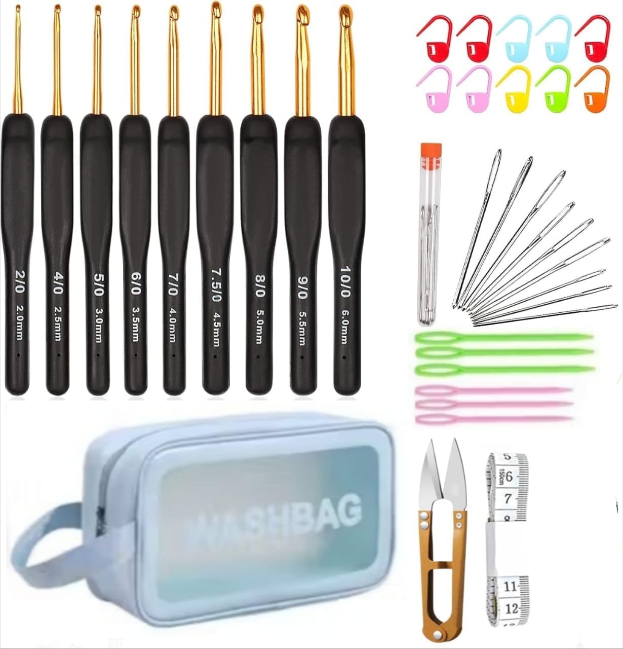 VIRADHAM 37pcs Crochet Hook Set, Black Gold Crochet Hooks Ergonomic with Grips for Arthritic Hands, Crochets Needles Set with Knitting & Crochet Supplies, Ideal Gift for Crocheting Beginner Lover (gold hook yarn kit)