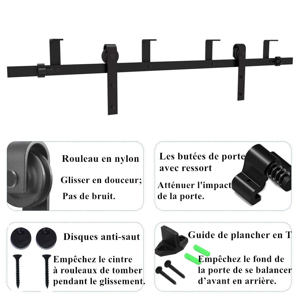 CCJH 200cm/6.6FT Kit de Rail Coulissant de Porte Coulissante de Support de Plafond, Kit de Piste pour Porte en Bois Simple (Forme J)