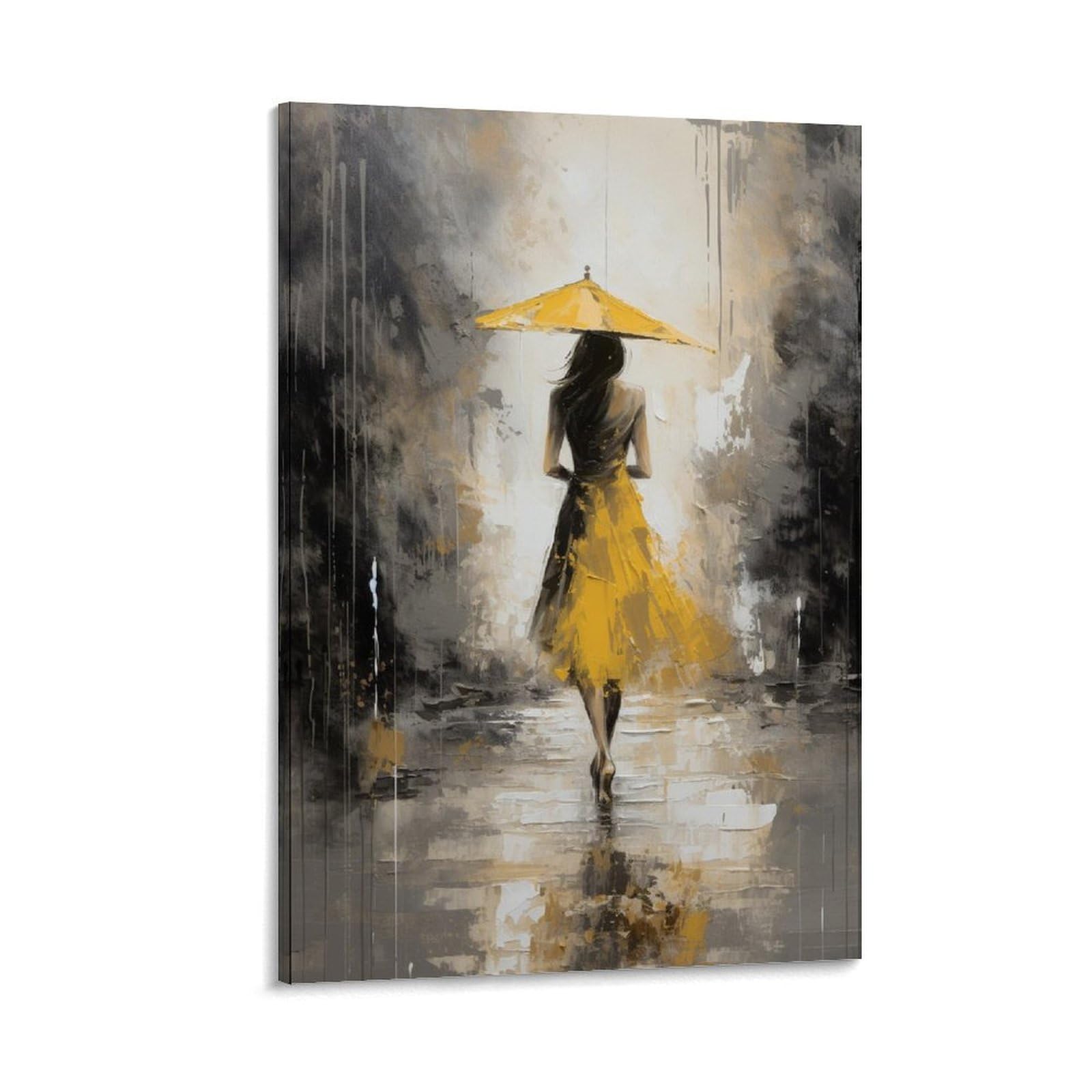 GMUKIFFY Abstract Woman Painting on Canvas Wall Art Yellow Umbrella Women Walking Street Stretched And Framed Canvas Prints Artwork for Home Decorations Ready to Hang Wall Decor 12x18inch(30x45cm)