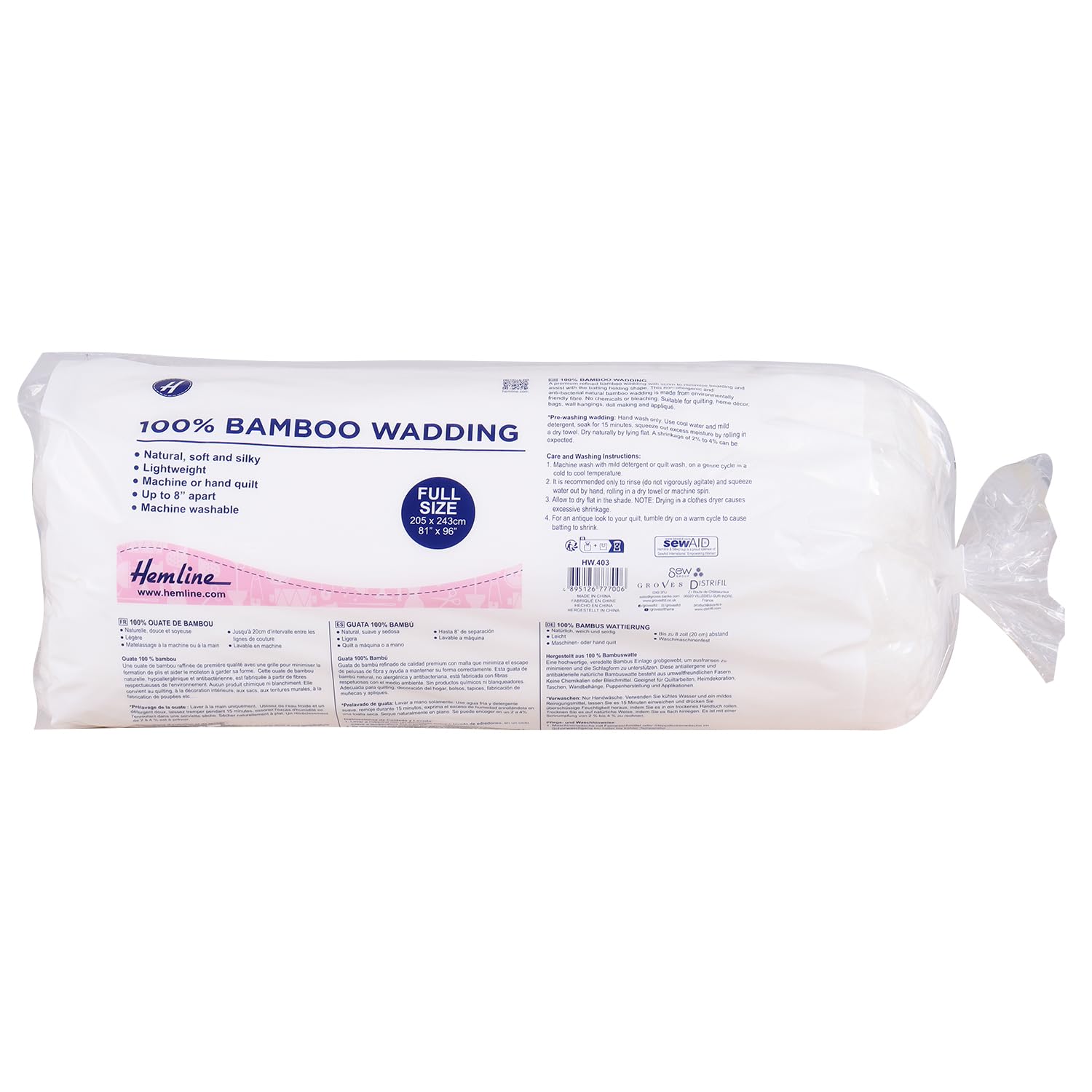 Hemline 100% Bamboo Wadding Quilting Non-Allergenic Full 205 x 243cm