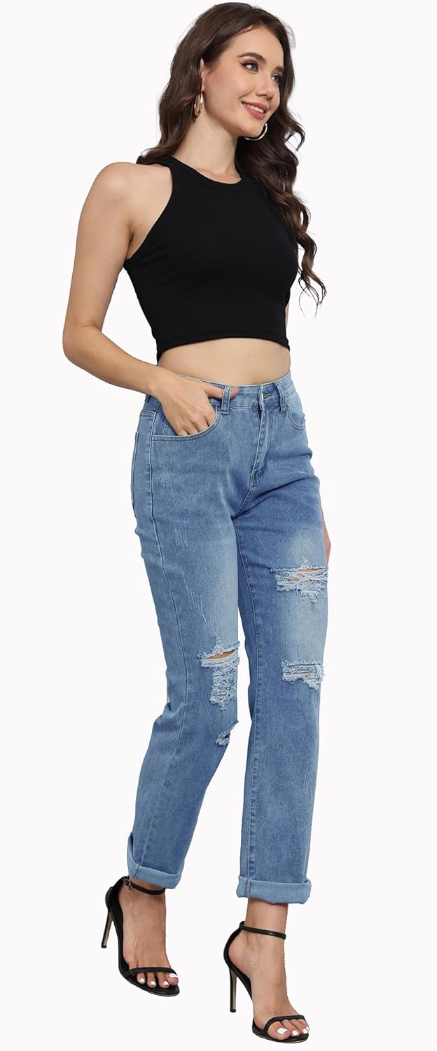 SheKiss 2026 Womens High Waist Denim Jeans Shaping Legs Distressed Boot Cut Ripped Trendy Cropped Cargo Skinny Stretch Pants - Image 6