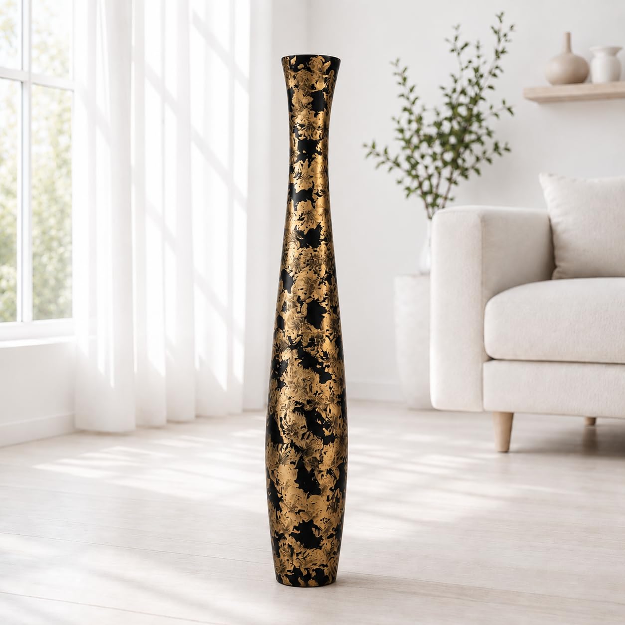 Leewadee Large Black Gold Home Decor Floor Vase – Wooden 34 inches Tall Farmhouse Decor Flower Holder for Fake Plant and Pampas Grass
