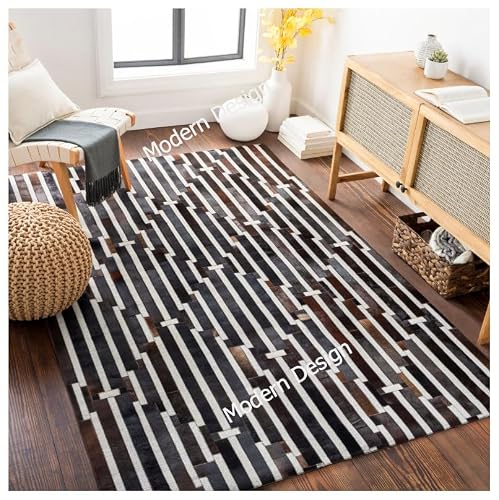 Modern Design Patchwork Cowhide Area Rug, Natural Leather & Jacquard Hair on Hide Carpet, Geometric Pattern (Brown/Grey-25, 3x5)