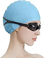 1 touca de natação de silicone tamanho grande com proteção de orelha de cabelo longo para mulheres touca de natação elástica de cor pura (azul)