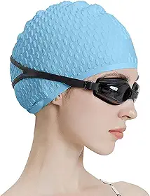 1 touca de natação de silicone tamanho grande com proteção de orelha de cabelo longo para mulheres touca de natação elástica de cor pura (azul)