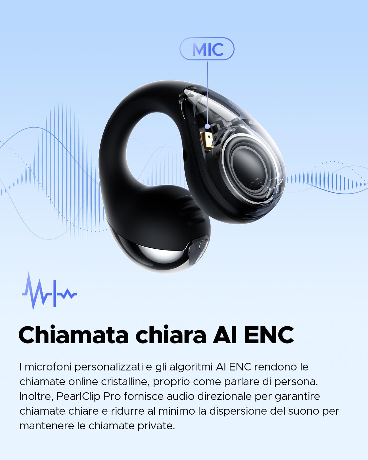 SoundPEATS Pearlclip Pro Cuffie Wireless, Open-ear Auricolari Bluetooth 5.4, Driver 12mm con Bassi Potenti, 24 Ore di Riproduzione, Resistenza acqua IPX5, APP | · IPX5 · ricarica 10min=2h · EQ e 3D suono · clip comfort
