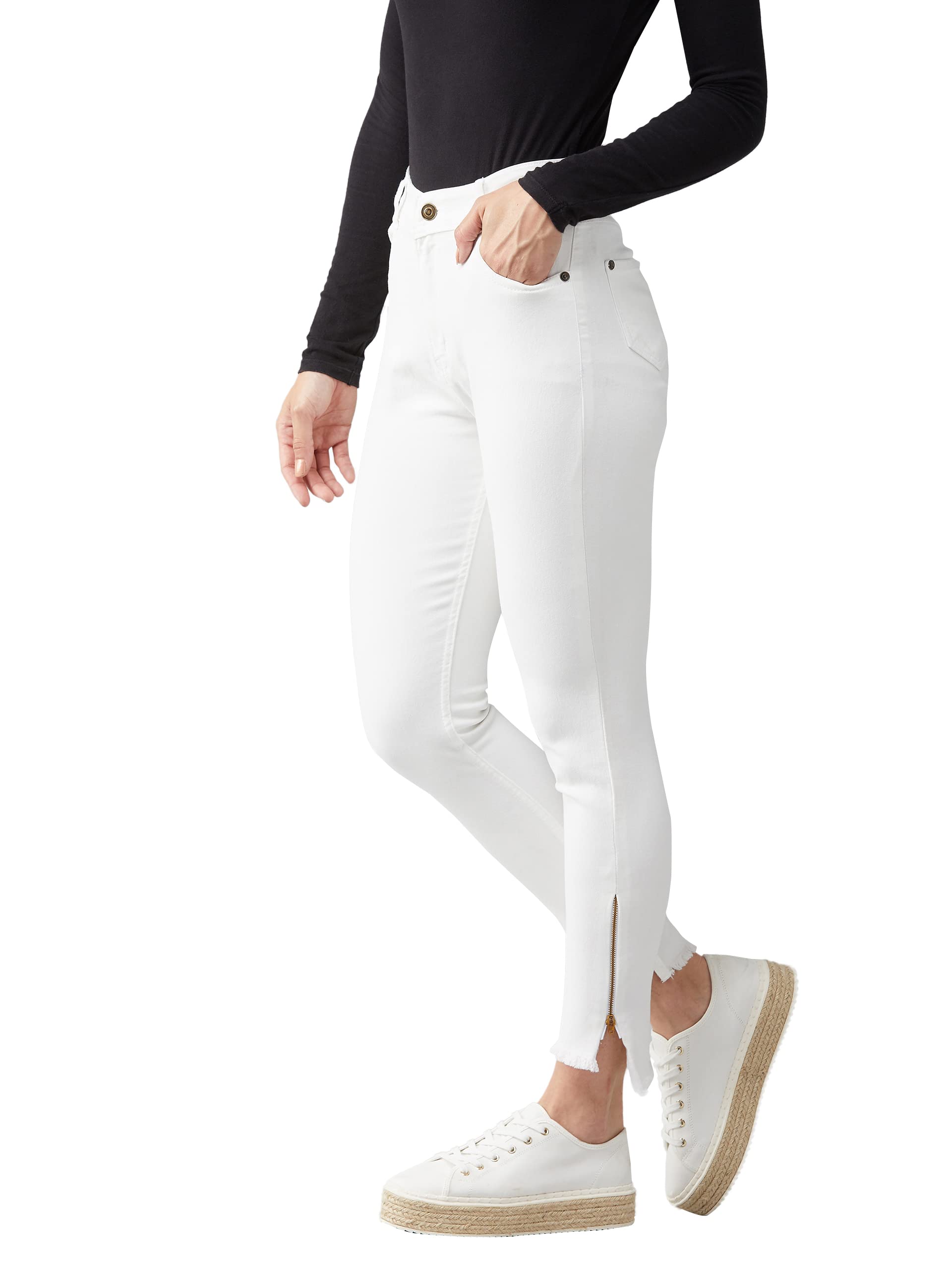 dolce crudo Women's White Skinny Fit High Rise Side Slit Raw Edge Detailing Clean Look Cropped Stretchable Denim Jeans-picture-13