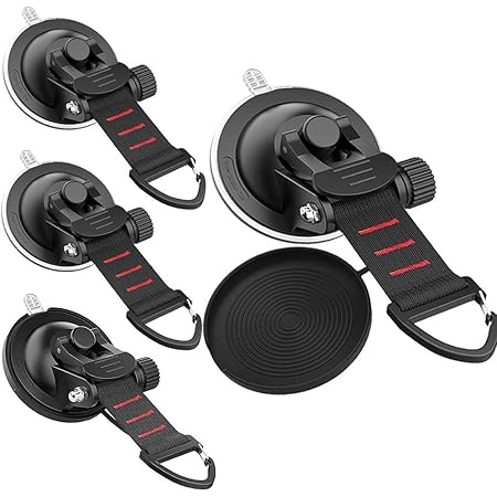 Amazon 吸盤 フック 強力 高耐久 吸盤固定 用タイダウンフック付き 強力吸盤 サンシェード キャンプ用品 耐久性 軽量 吸盤フック カーサイドタープ テント用 4個セ 黒1 吊りクランプ