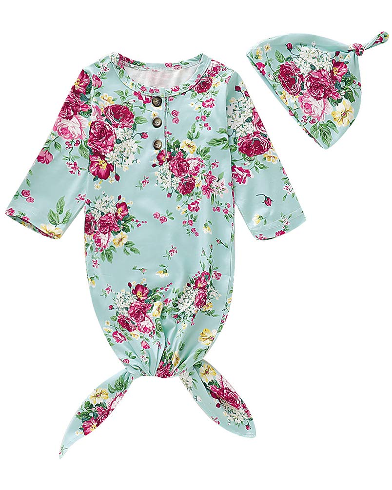COLOOM Baby Girl Floral Nightgowns with Hat Flowers Printed Sleeper Gown Fishtail Sleeping Bag Outfits Light Blue