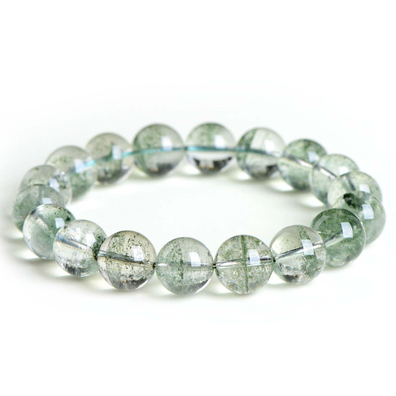 Bracciale con Perline Rotonde in Cristallo di Quarzo Verde Fantasma