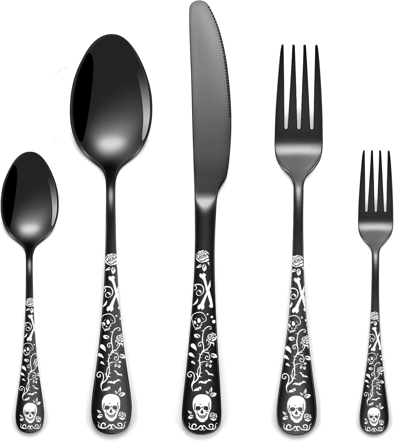 40-Piece Black Skull Silverware Set for 8, Flatware Set Stainless Steel Spoons,Forks,Knife Pattern Unique Design Utensil Sets Tableware Cutlery, Mirror Polished,Dishwasher Safe Decorative Party Suppl