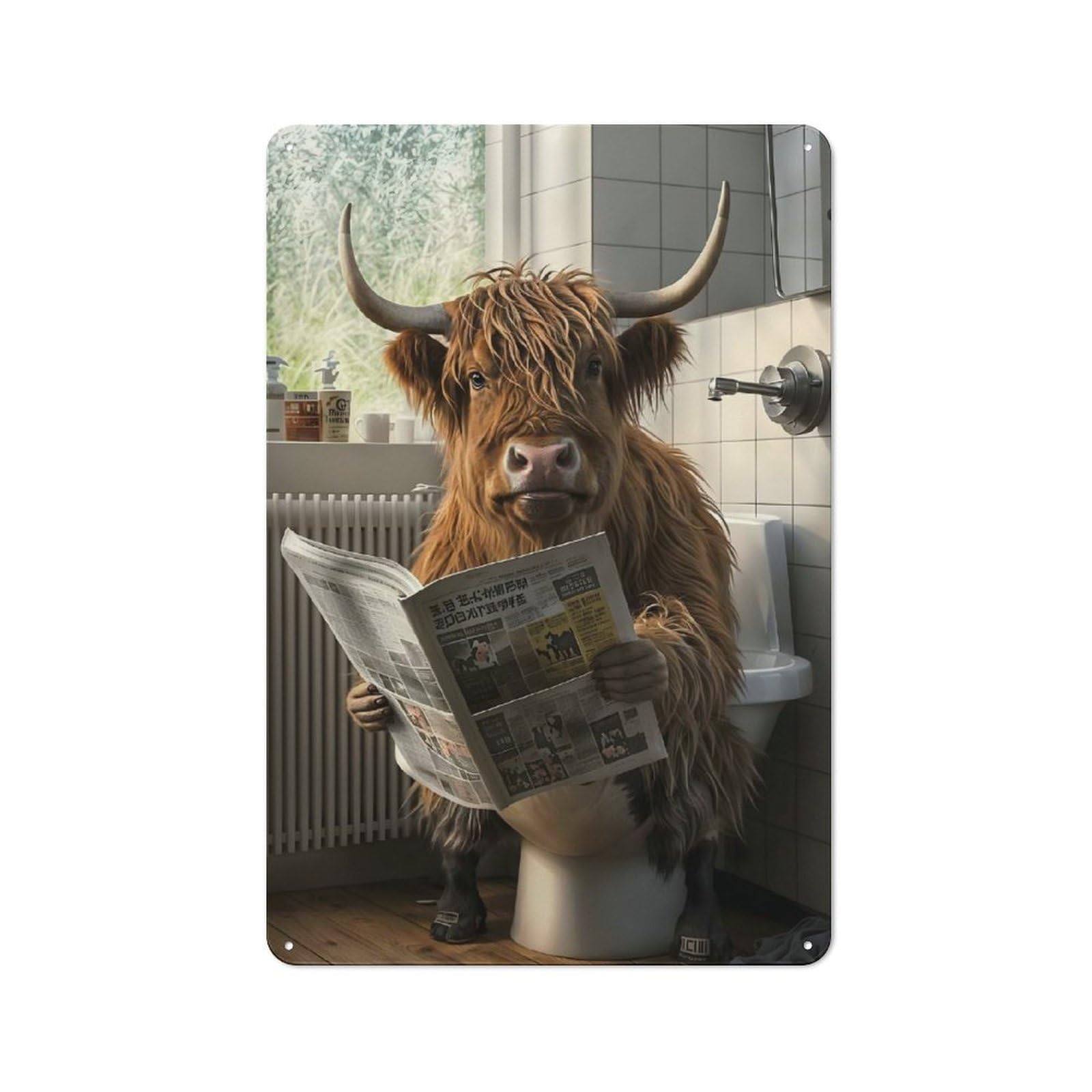 Junmoney Style-18 Highland Cow On The Toilet Metal Wall Plaque 30X20cm, Classic Retro Room Decor For Bedroom, Office, Home Bar Or Dining Room