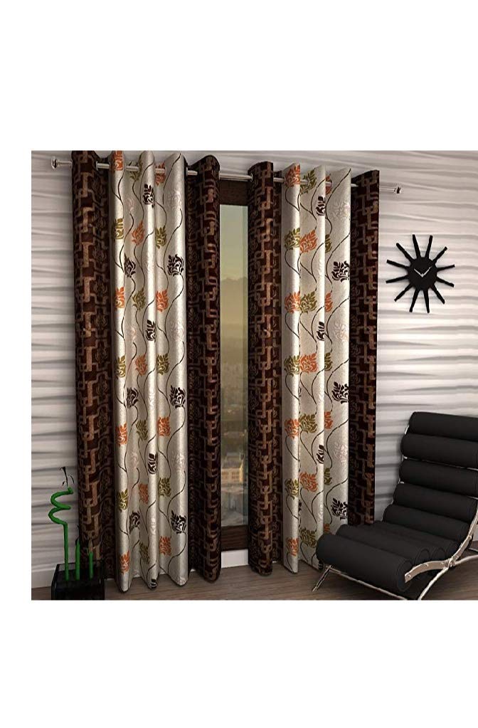INIRA TRENDZINIRA TRENDZ Polyester Blend Floral Curtain, 7 Feet, Coffee Brown, Pack Of 2, Grommets, Eyelet