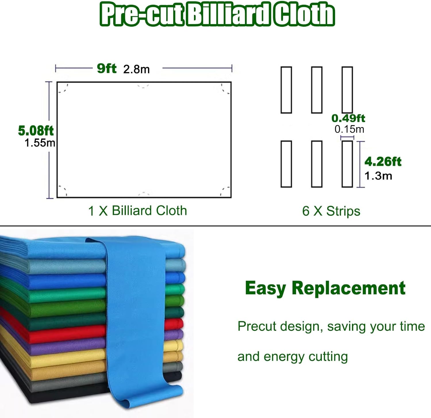 9FT Billiard Table Cloth with 6 Strips, Fast Speed Pre-Cut Colorful Pool Felt for Hotels Clubs Home Game Rooms