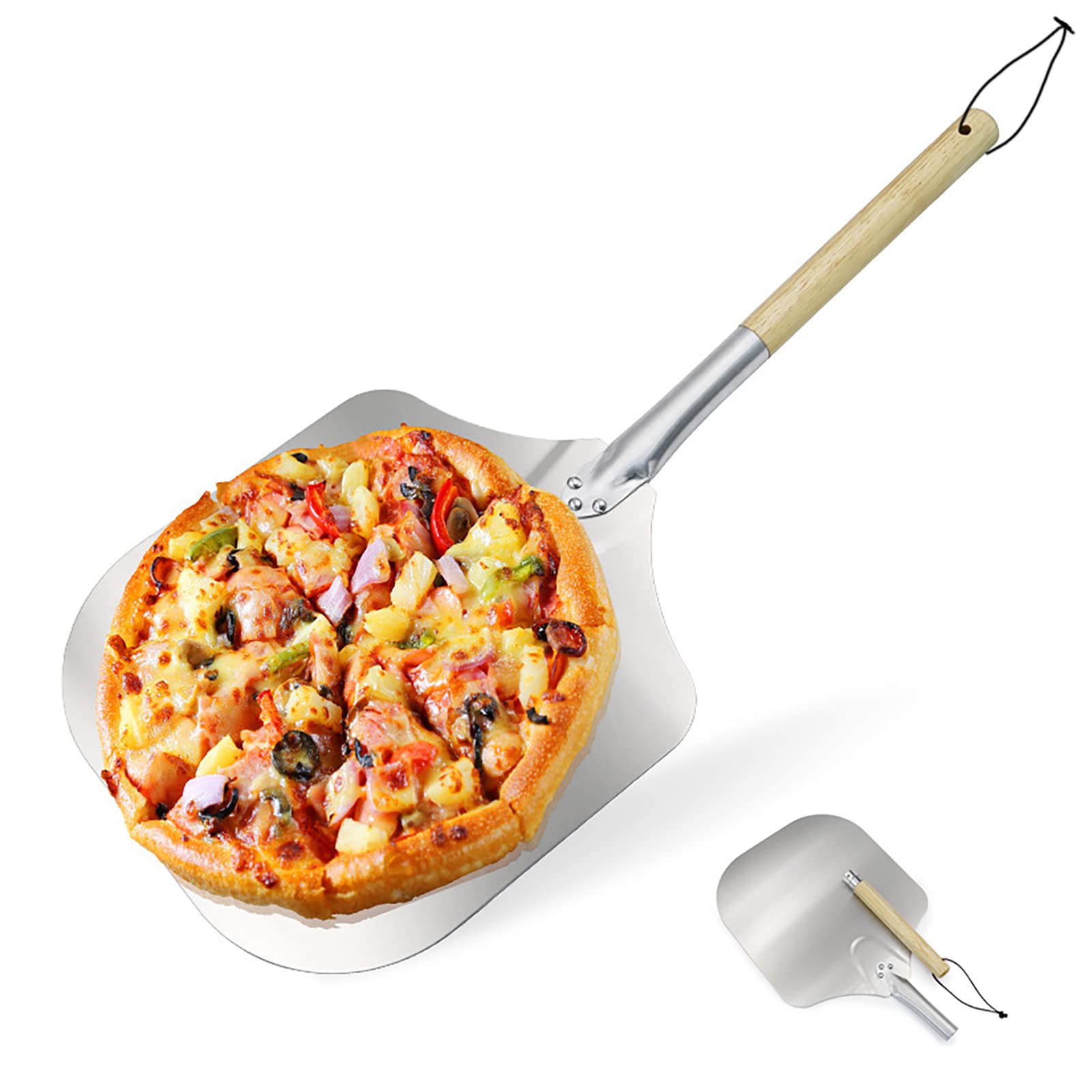 Largo Profesional Pala para Pizzas Aluminio, Pala para Pizza Horno, con Ligero y antideslizante Madera Mango, para Parrillas interiores y exteriores DIY pizza piedra (12?,Short)