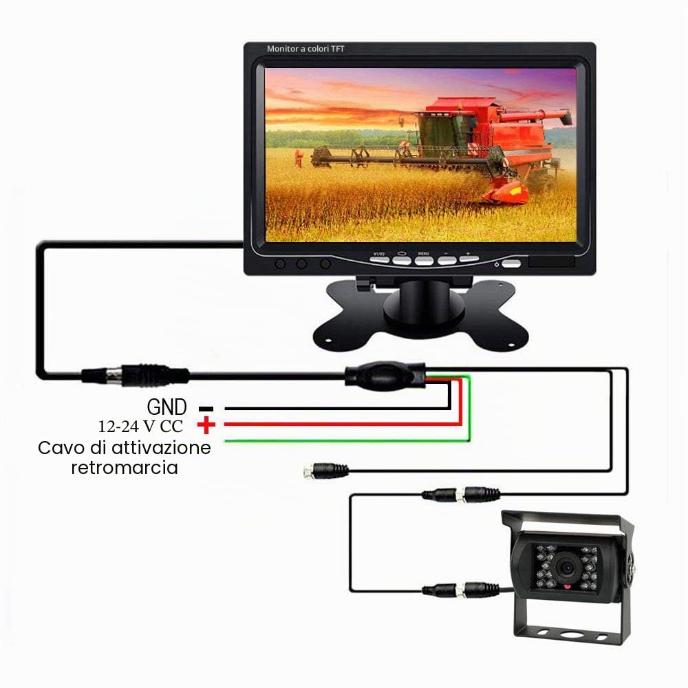 Telecamera di retromarcia 4pin, 12 V-24 V, 18 LED, a infrarossi, per visione notturna, impermeabile, con cavo da 15 m + schermo HD TFT LCD da 7 pollici, per camper, camion, rimorchi, bus