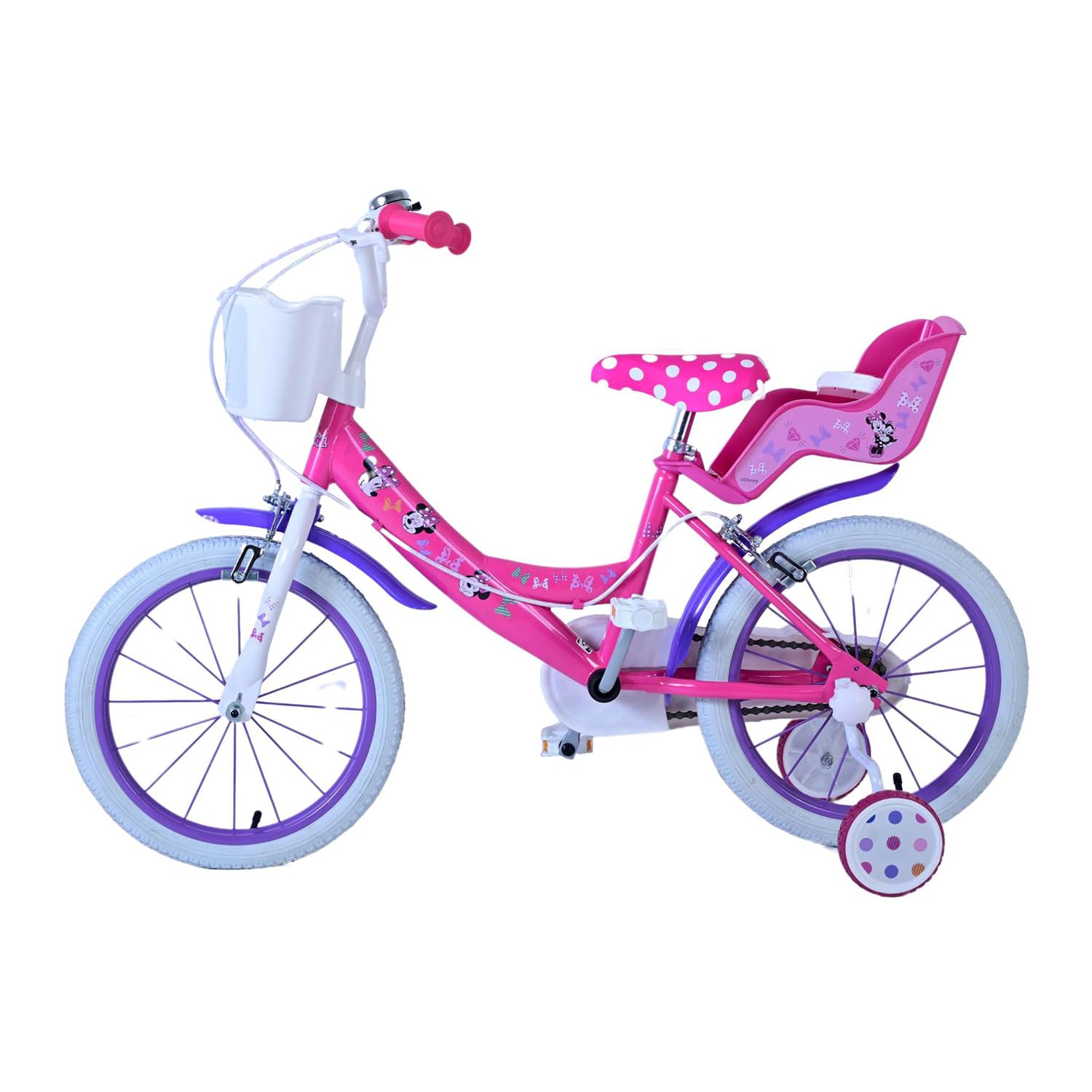 bicicletta da 16 pollici di minnie, con stabilizzatori laterali, portabambole, cestino anteriore personalizzato. Made in Italy