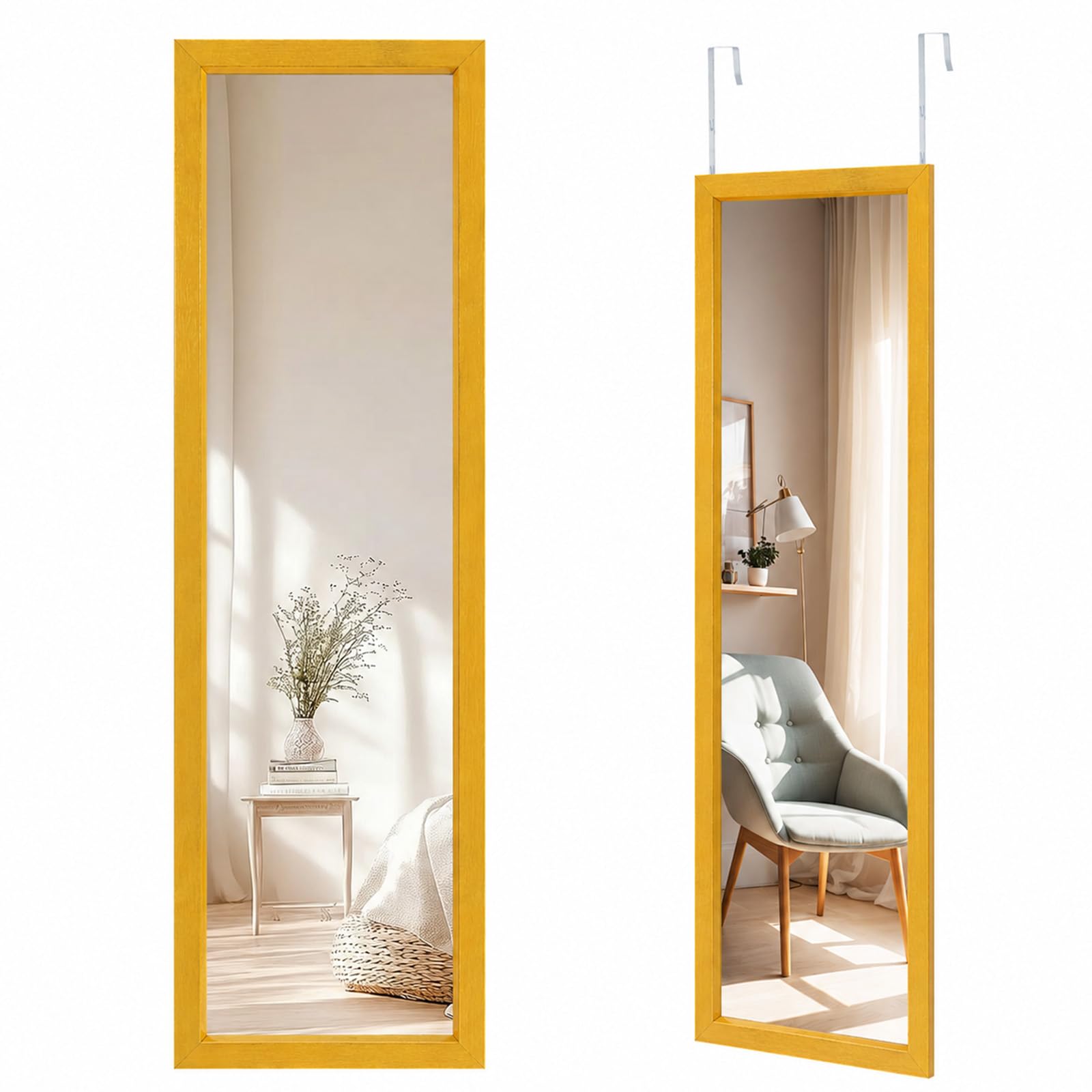 CROWNSHOP Full Length Mirror 110x33cm - Wall Mounted Over The Door Mirror with Adjustable Hooks | Large HD Tempered Glass Full Body Mirrors for Bedroom, Wardrobe | Space-Saving (Gold)