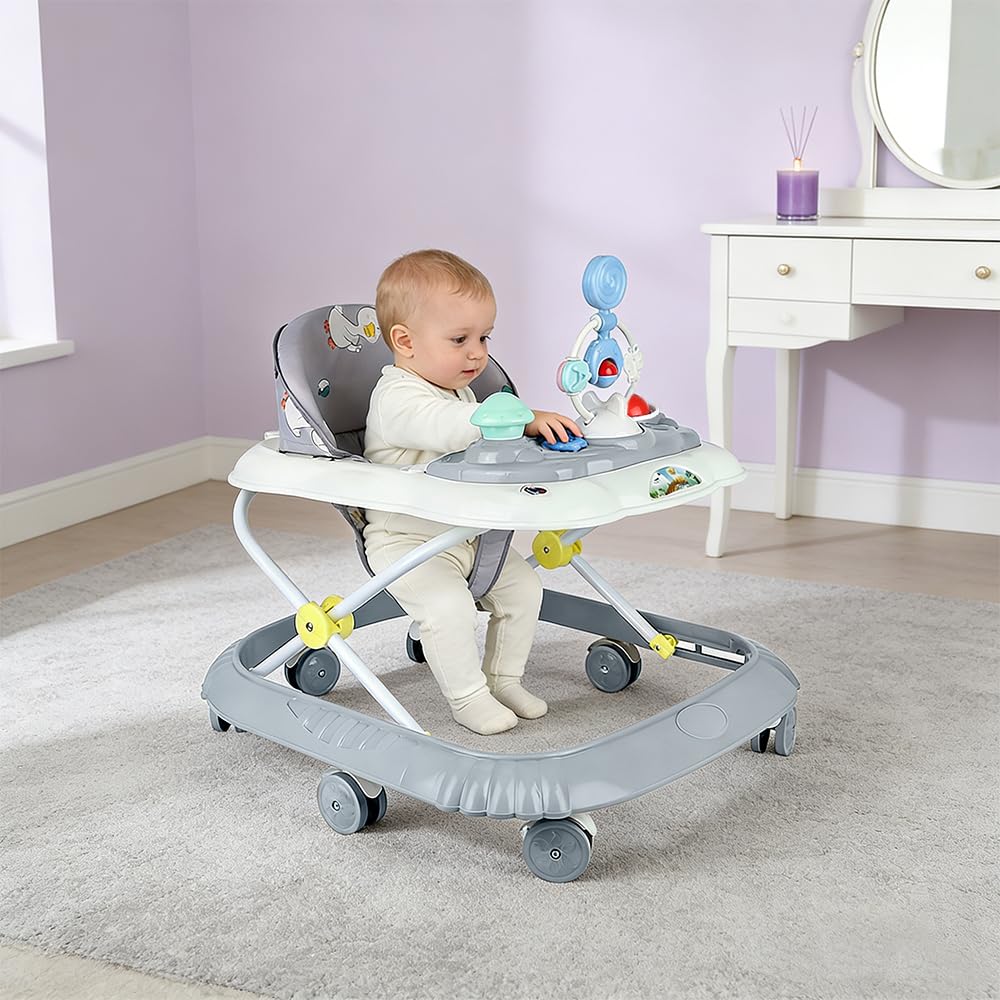 Girarrosto pieghevole per bambini, altezza regolabile, girello con musica, giocattolo per bambini (grigio, 67 x 72 x 92 cm)