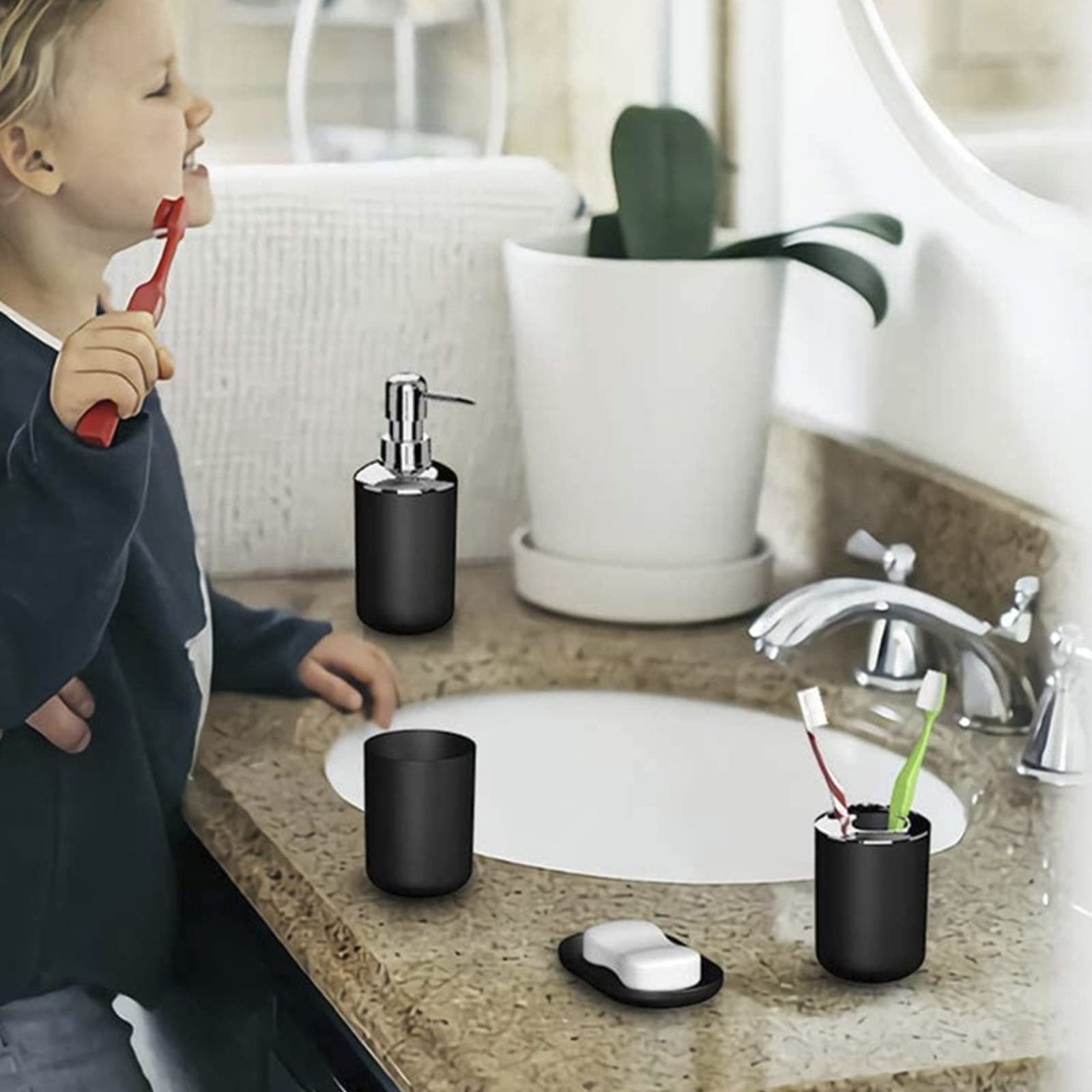 Hosoncovy 4 Pieces Bathroom Accessory Set including Soap Dispenser, Bathroom Cup, Soap Dish ,Toothbrush and Toothpaste Holder (Black) - Image 4