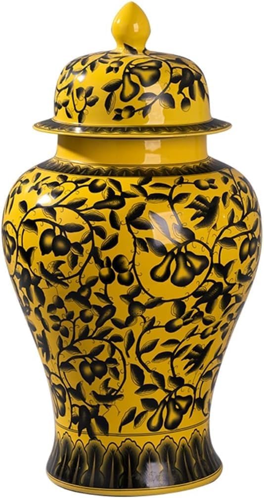 Ginger Jar with Lid,Classical Ceramic Ginger Vase, Decorative Porcelain Flowerpot Jars Floral Temple Jar with Lids,Flower Vases Decor for Table Centerpieces (Yellow Medium)