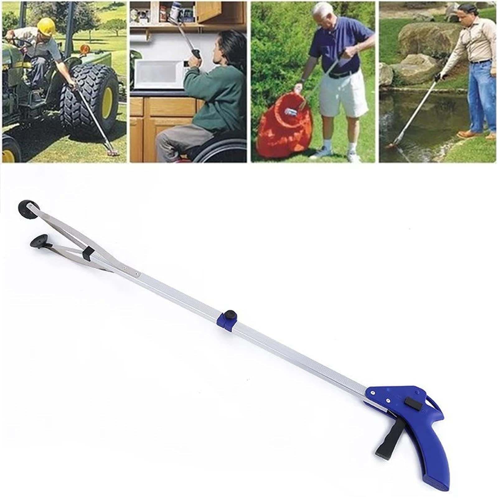 Recogedor de Basura Pinza de Basura Aleación de Largo Alcance Garra de Alcance Plegable Pinza de Brazo Largo Herramienta de Mano de Ayuda Alcance fácil de agarrar (78 cm | Azul)
