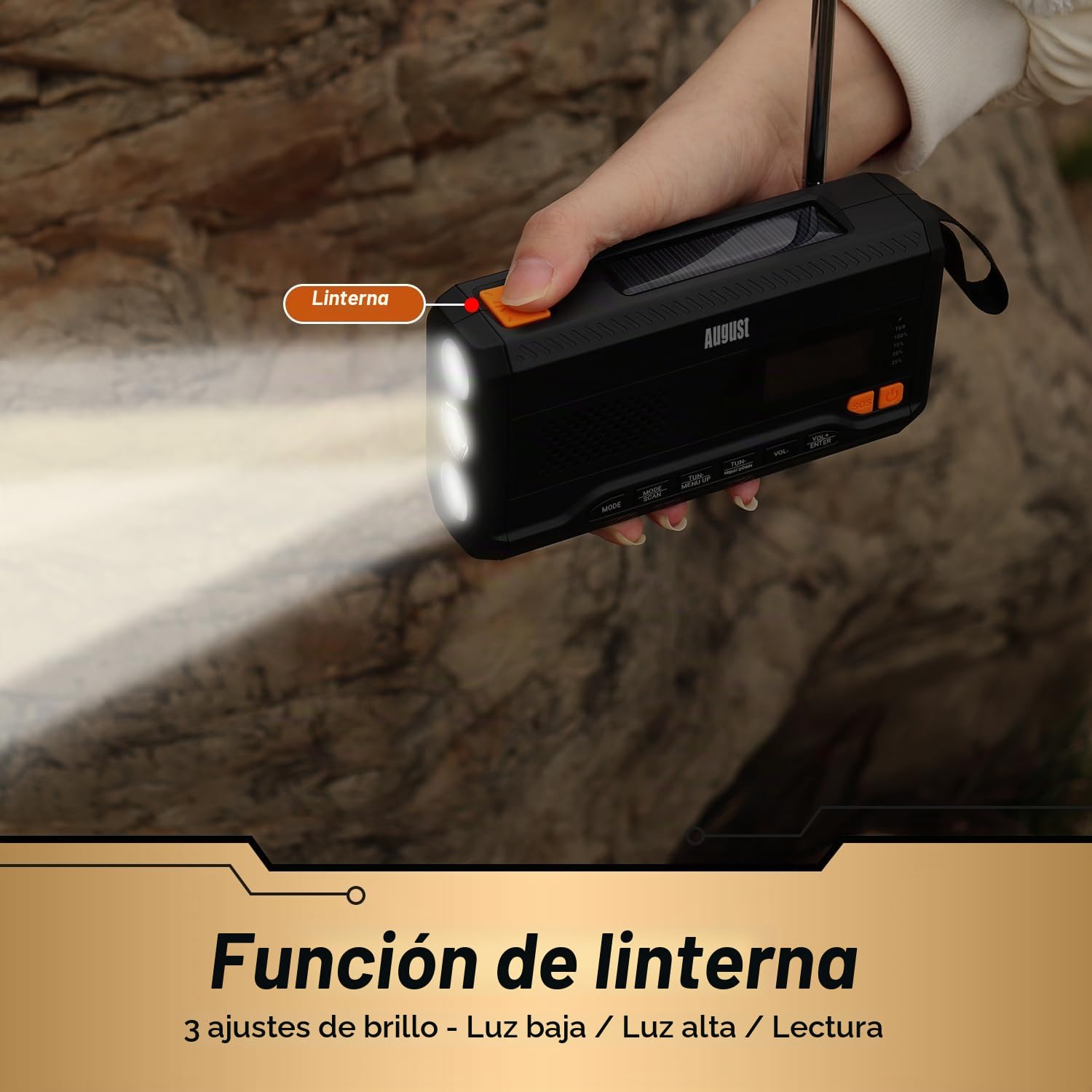 August MB290B Radio Emergencia de Cuerda con Bluetooth Camping o Pesca Recargable Banco de Energía Solar 4500mAh Portátil Dab/FM Radio, Bluetooth 5.0, 3.5mm - Manivela 3 Brillo Linterna - Negro