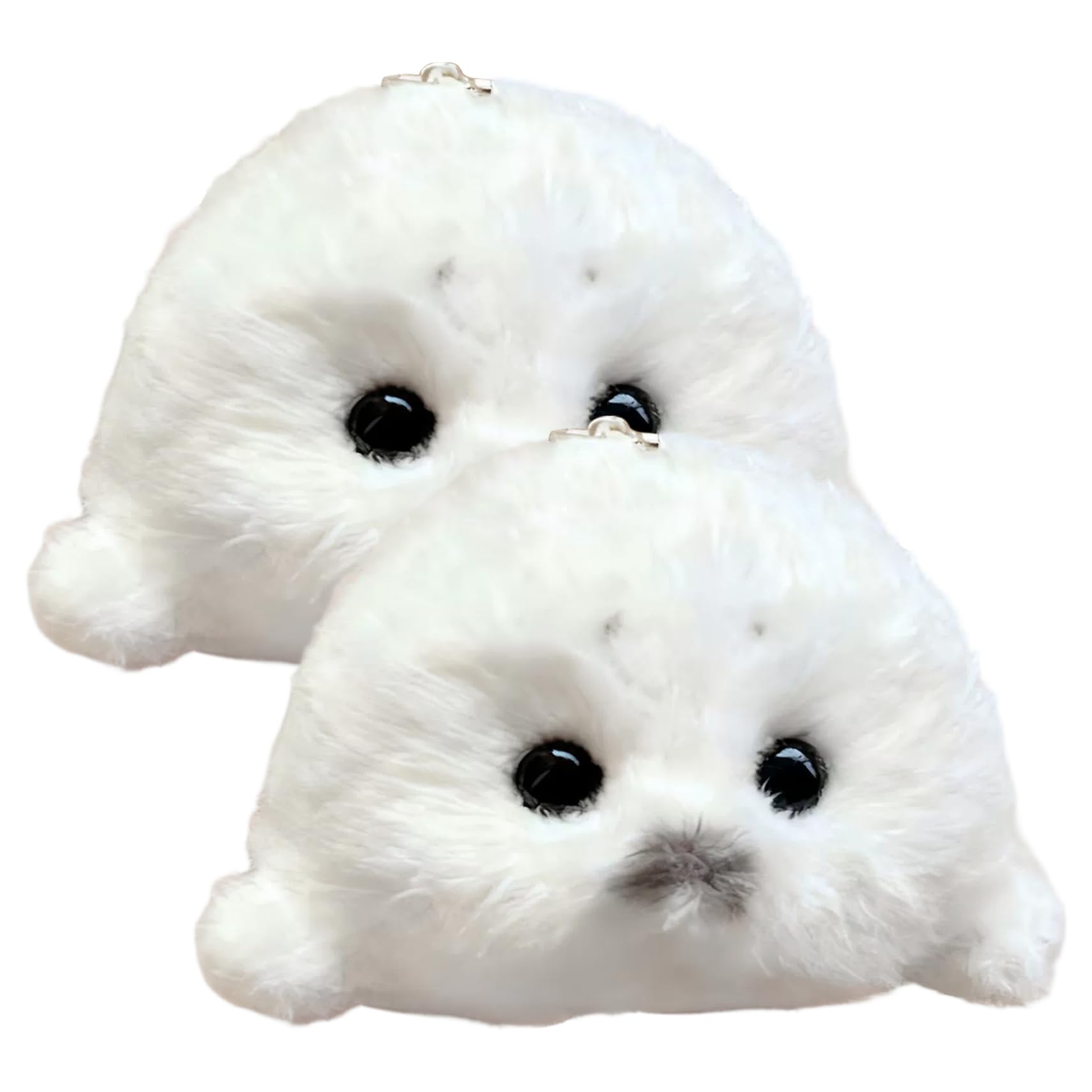 Takingup White Seal Keychain, 2Pcs Cute Seal Plush Stuffed Animal With Chain Fluffy Keyring Bag For Backpack Purse Tote,