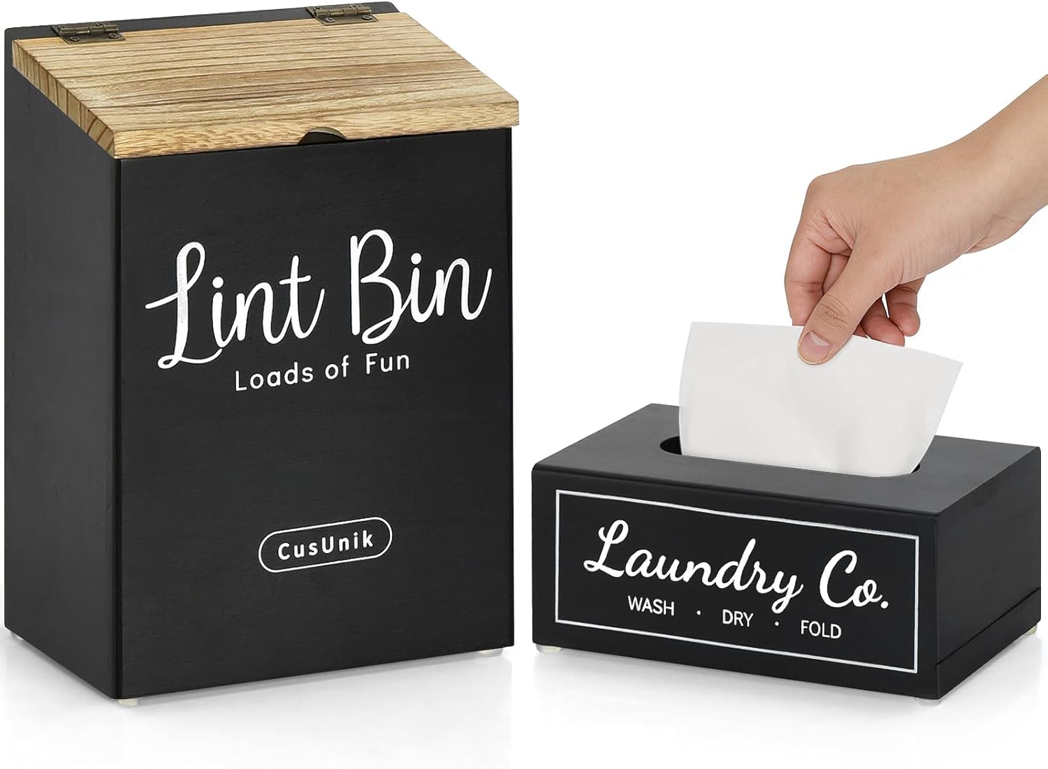 Magnetic Lint Bin and Dryer Sheet Holder Set for laundry room organization,Wall Mounted Laundry Organization and Storage,Wooden Lint Trash Can with Lid and Dryer Sheet Dispenser,Laundry Room Trash Can