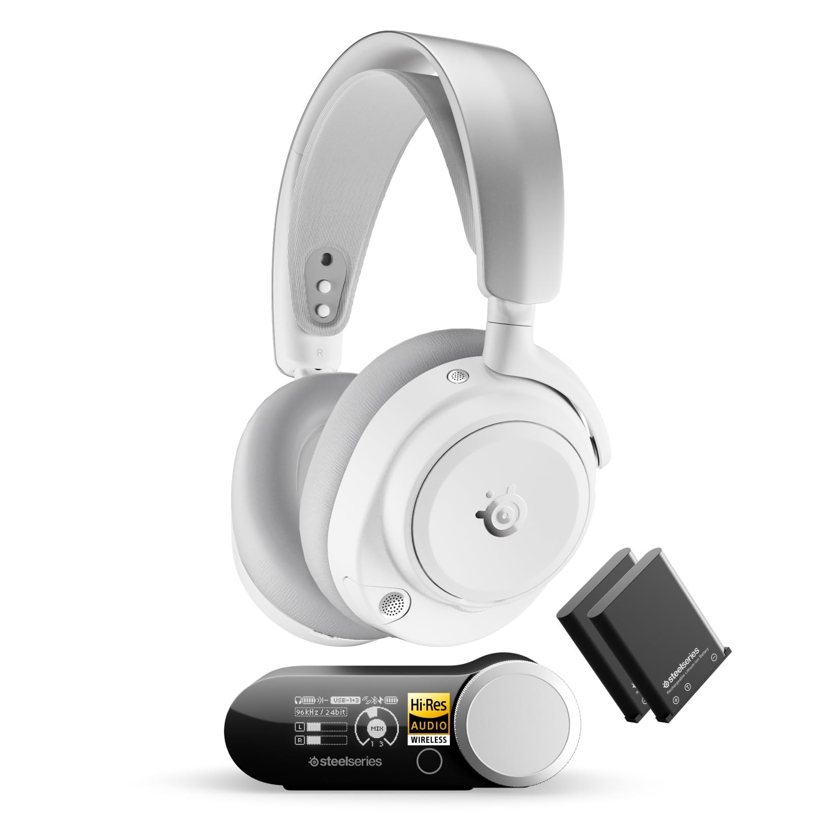 SteelSeries Arctis Nova Pro Omni – Bezprzewodowy dźwięk Hi‑Res, 96kHz/24bit, ANC, mikrofon ClearCast Pro, redukcja szumów AI, aplikacja mobilna, Mix 2,4GHz + BT, OmniPlay PC+PlayStation+Xbox – Biały