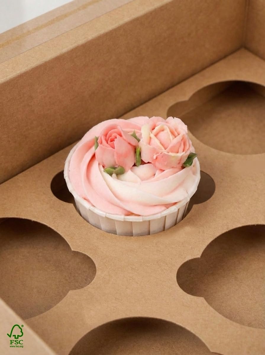 Gcardist Cajas para cupcakes con mecanismo de apertura automática y ventana de visualización, color marrón, 40 unidades, paquete de 12 unidades de 33,02 x 25,4 x 8,89 cm, 12 cajas para cupcakes con 2