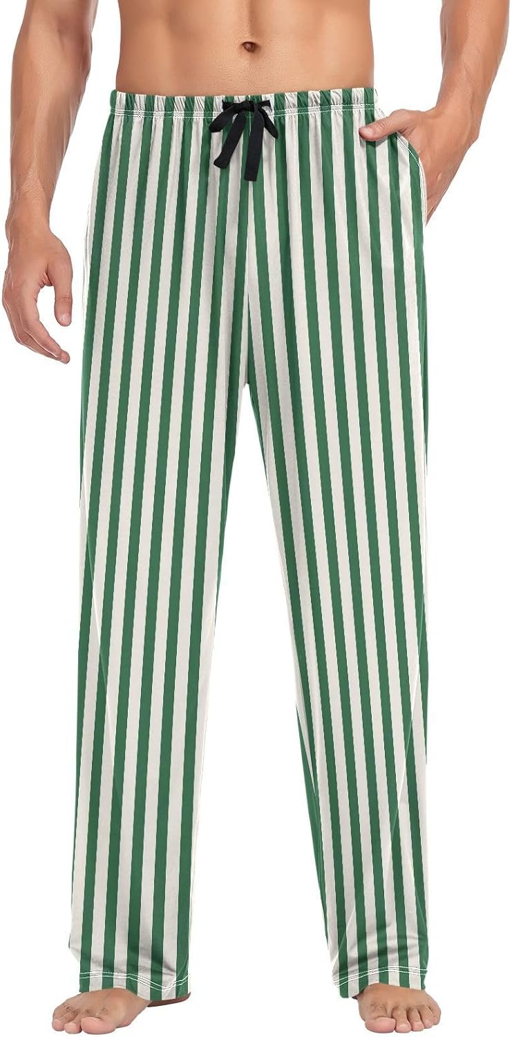 ALAZA White Green Stripes Men’s Pajama Pants Soft Long Sleep Pants Lounge Pajama Bottoms with Pockets - Image 3
