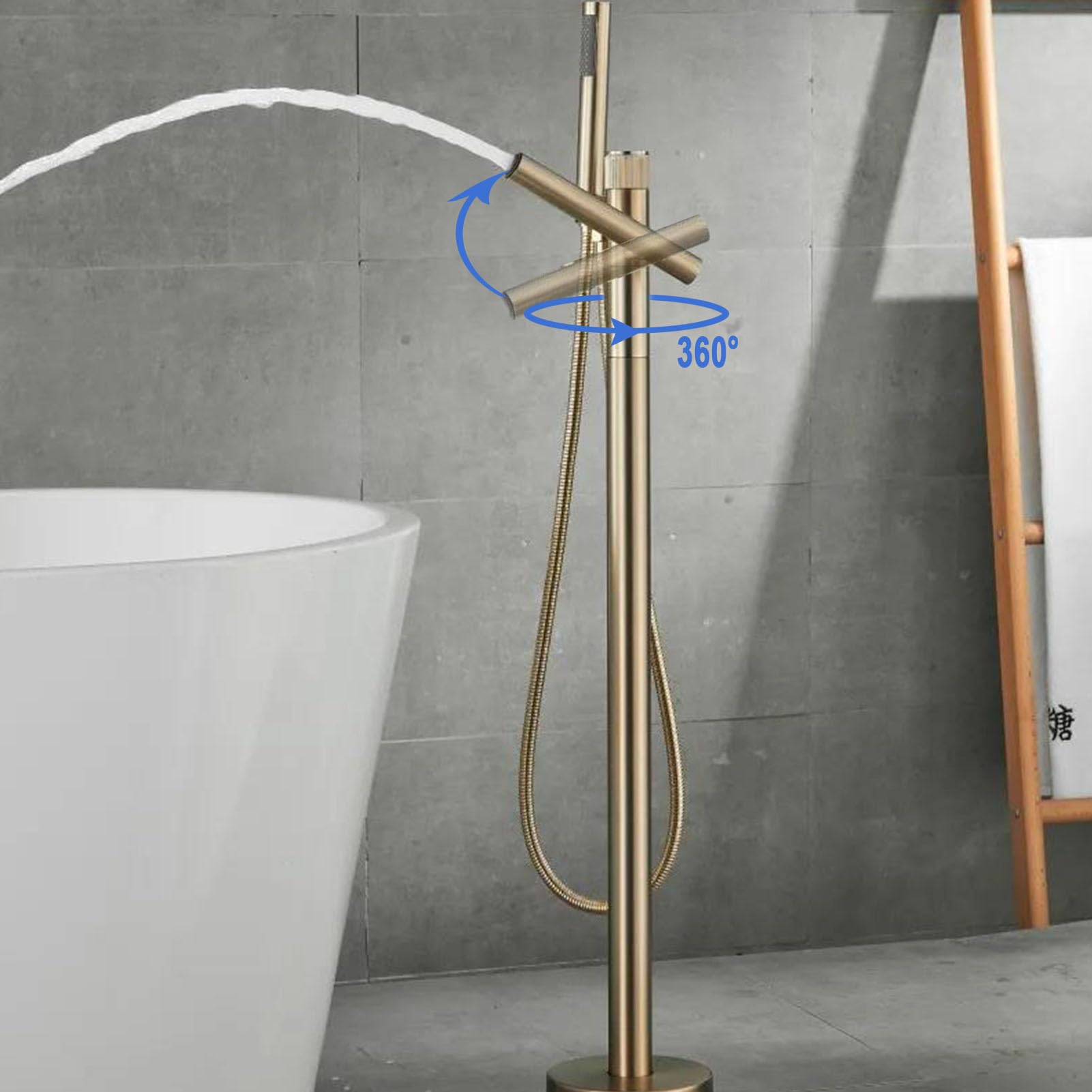 QHQQXN Wolnostojąca bateria wannowa, bateria wannowa z główką prysznicową, obrotowa wylewka 360°, pojedynczy uchwyt do napełniania wanny, bateria wannowa do montażu na podłodze, bateria prysznicowa w
