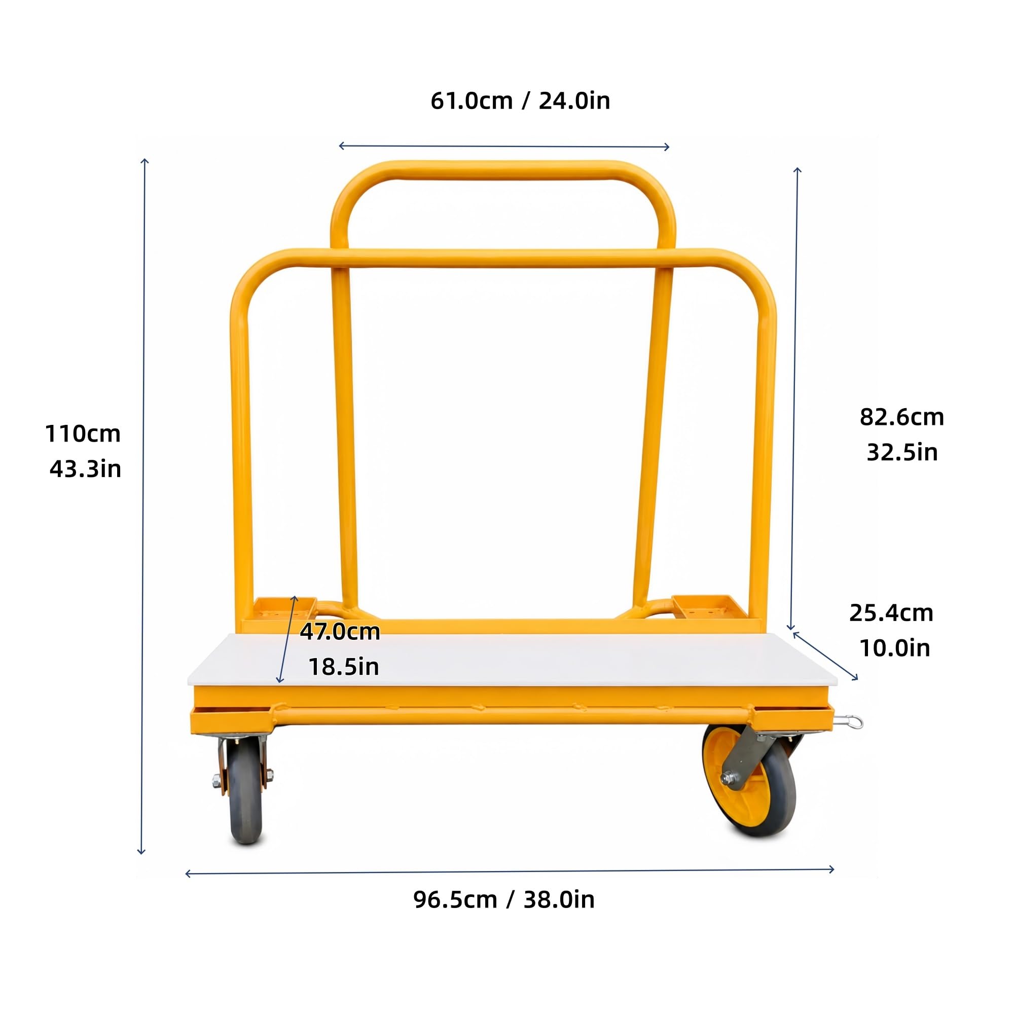 Plattenwagen aus Stahl mit Schwenkrollen for Glas- und Steinplatten | Zwei Rollen mit Bremse und eine 96,5 × 25,4 cm große Nylonplattform