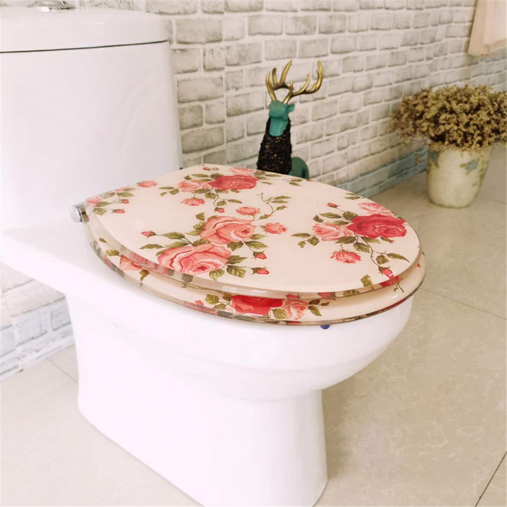 Resina Addensata Sedile WC, Bellissimi Fiori Copriwater Universale Coperchio WC per Toilette Chiuso,Cerniere A Chiusura Lenta in Acciaio Inossidabile Inox 304,Rilascio Rapido