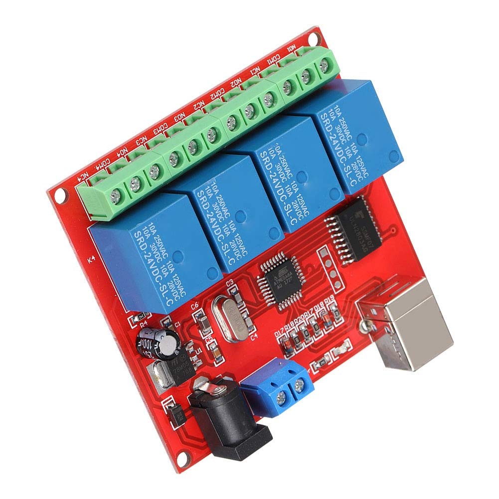 ASHATA Modulo relè 24 V, modulo relè 4 canali Modulo relè Controller Smart Switch USB per Computer, Chip di Controllo USB ad Alte Prestazioni Modulo relè DC 24 V Scheda di espansione PC Rosso