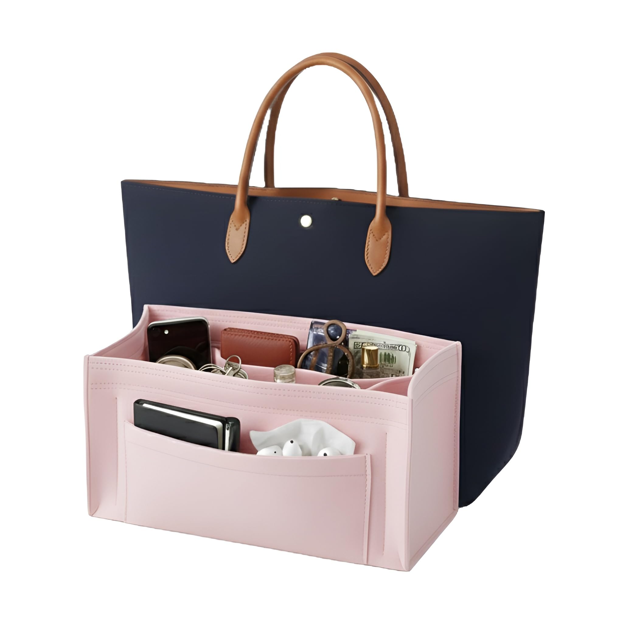 Bag Organiser for Ladies Handbags – 7 Open Pockets + 1 Zip Pocket | Tote Bag Organiser | Perfect Tote & Purse Organizer | Luna | Large (Pink)-image-46