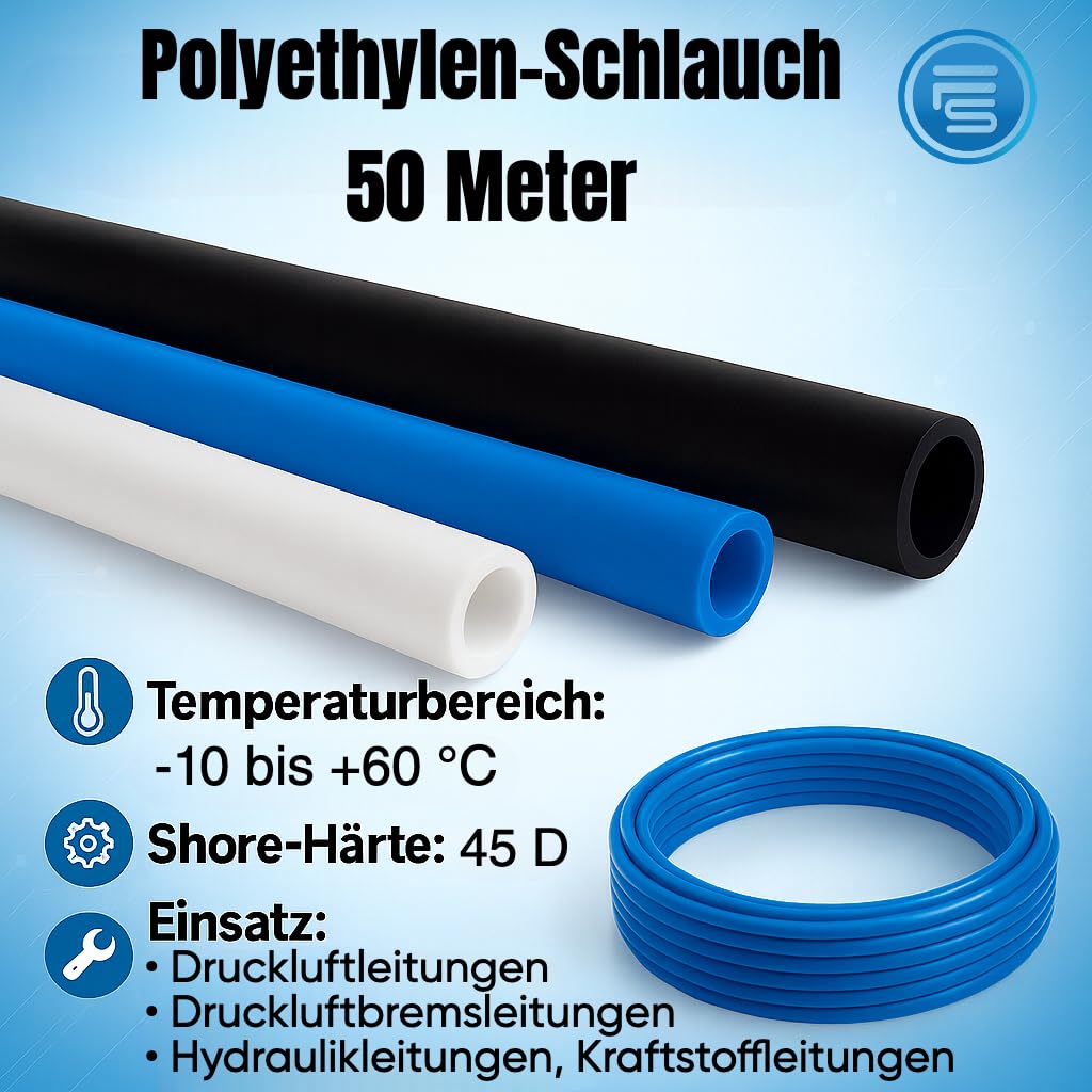 Fittingstore - Polyethylen-Schlauch PL 50 Meter – Druckluftschlauch Pneumatikschlauch Polyurethane Druckluft Wasser Schlauch flexibel 4/2mm, 6/4mm, 8/6mm, 10/8mm, 12/10mm 14/10mm (8 x 6 mm, Schwarz)
