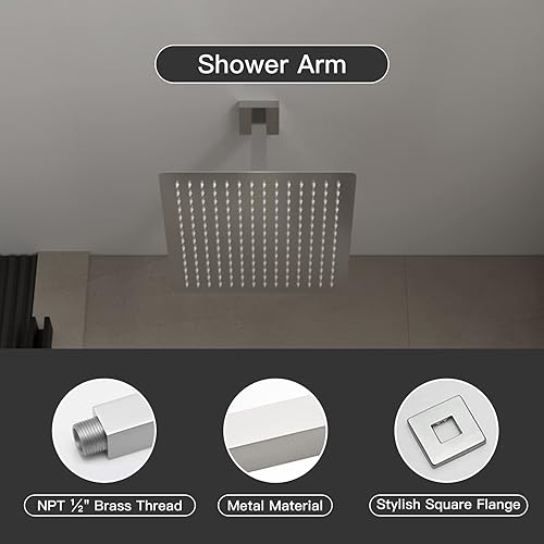 Miniatura 3 de BWE Cabezal de ducha de lluvia de 12 pulgadas con sistema de ducha de mano de níquel cepillado montado en el techo, grifo de ducha de baño,