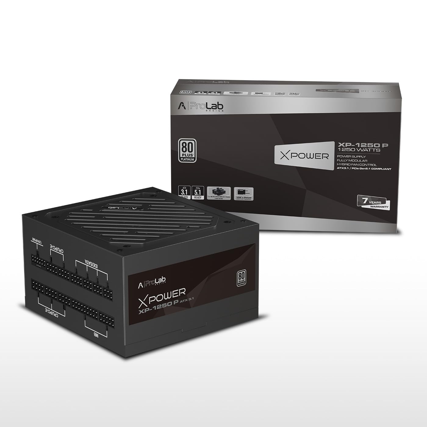 ProLab Design XPower XP-1250 P Power Supply Unit|1250w 80+Platinum|Fully Modular|Japanese Capacitor|ATX 3.1 PCIE 5.1|600w 12v-2×6 Connector|120mm Hydro Bearing Fan|Black Flat Cables|7 Years Warranty