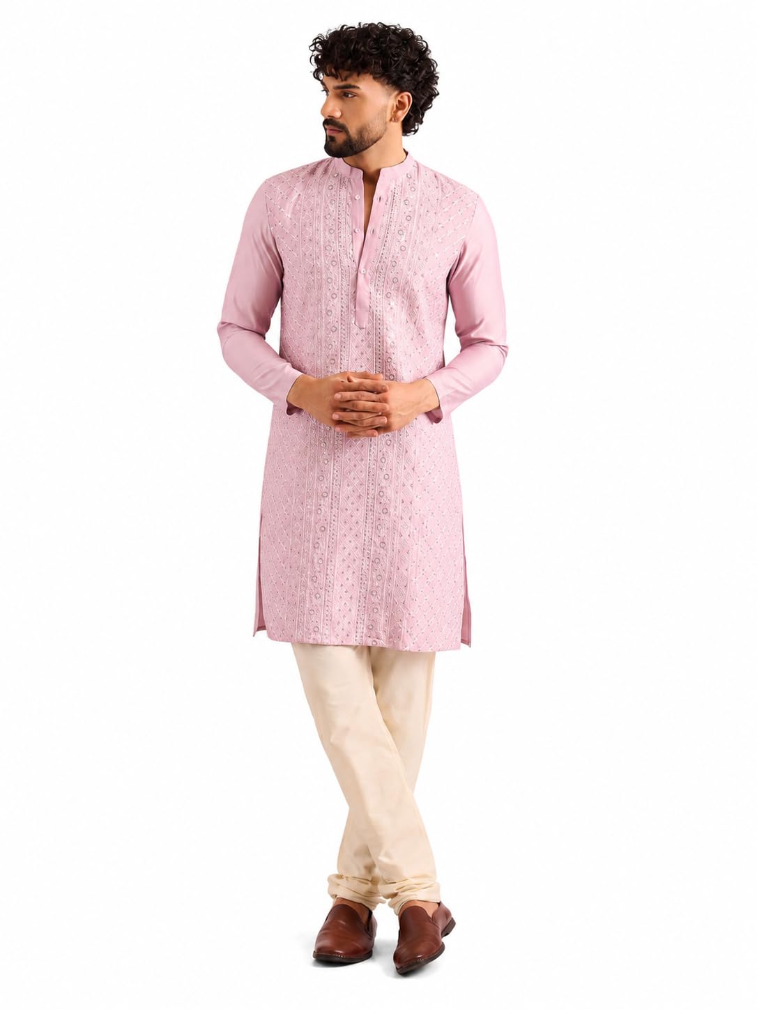 Pink Silk Blend Geometric & Floral Buti Motifs Mens Kurta Set-image-16