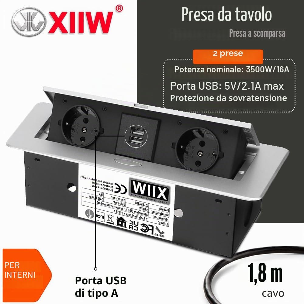 XIIW Ciabatta pop-up da incasso, Multipresa a scomparsa con 2 fori (tipo F) e 2 USB, 3500W/16A, alluminio resistente 750°C, cavo 1,8m per scrivania e piano lavoro, CEE 7/7 presa scrivania - No tipo L