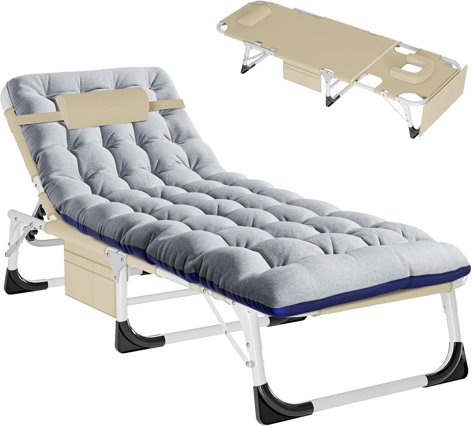Barbella Folding Lounge Chair Heavy Duty Tanning Chair, Folding Beach Lounger with Face Arm Hole, Adjustable 5-Position Patio Chaise Lounges for Patio, Poolside, Lawn Outside Sunbathing, Khaki Gray