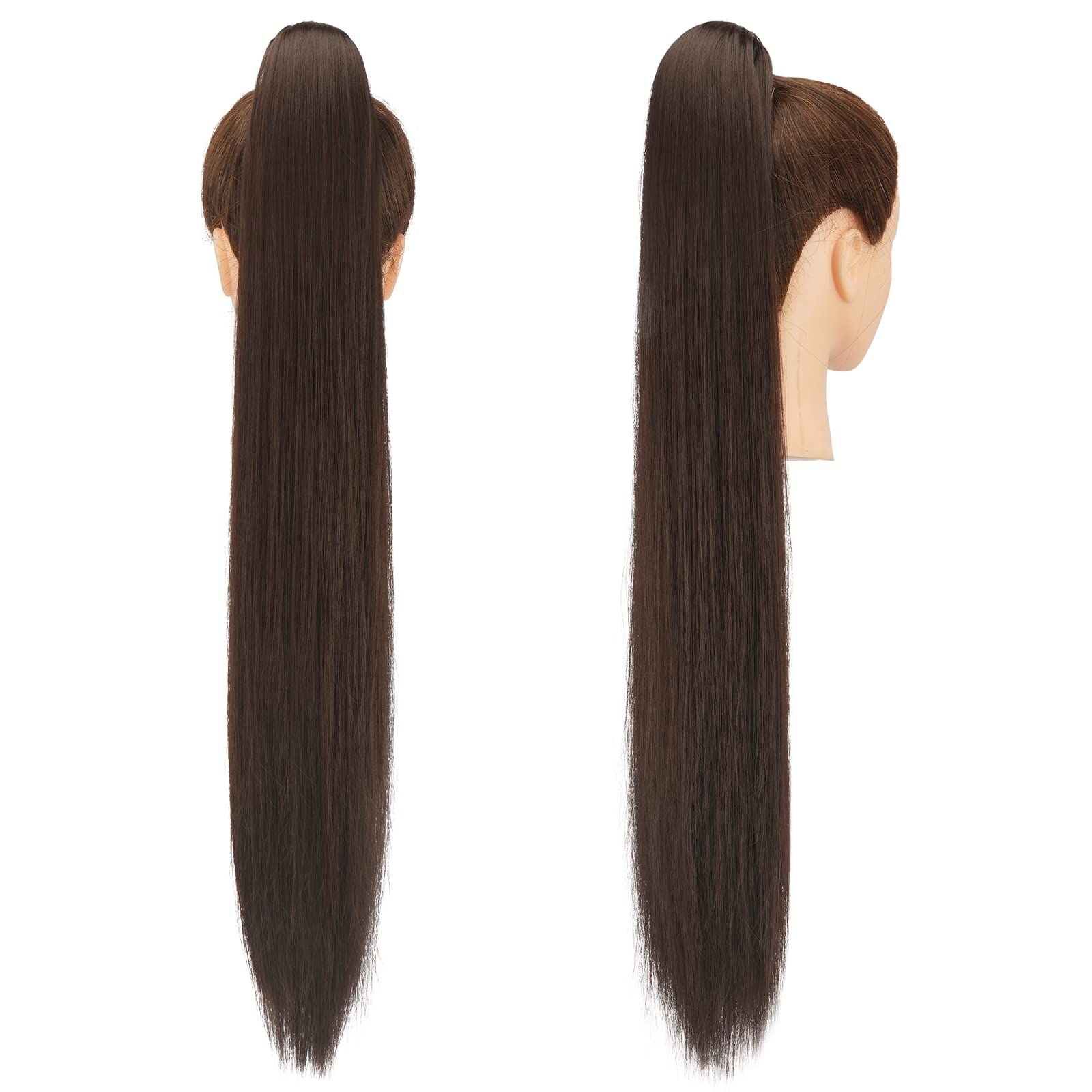 FESHFEN Postiche Queue de Cheval Cordon Droit Lisse, 60 cm Longue Ponytail Cheveux Naturel Postiche Synthétique Rajout Queue de Cheval pour Femmes Drawstring Ponytail Extension, Brun