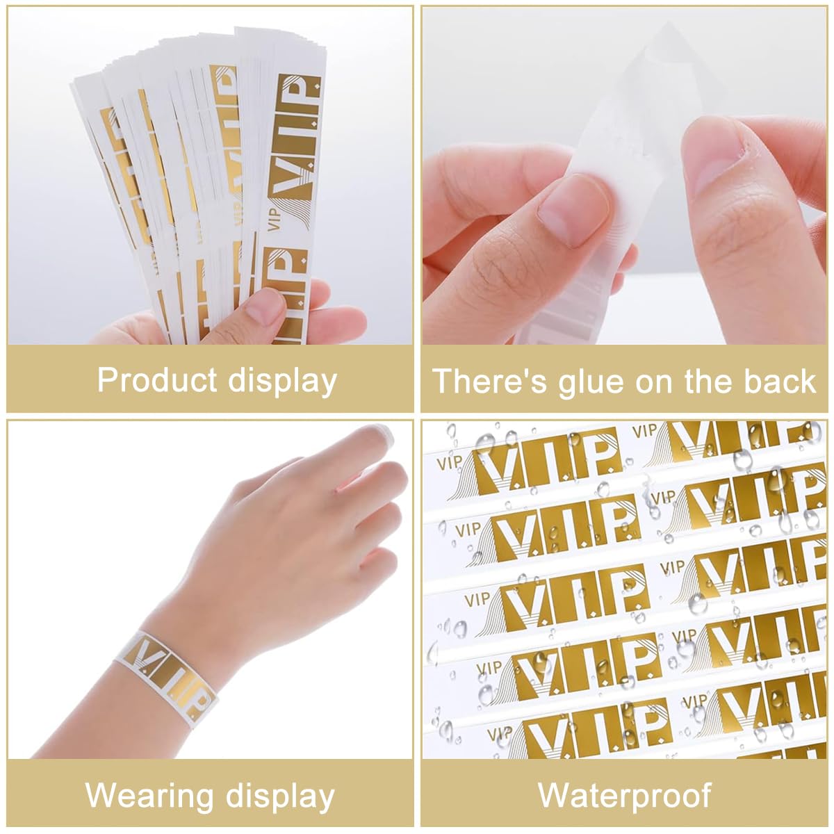 HASTHIP® 300 Pcs VIP Wristbands for Customers Waterproof Paper Bracelets Lightweight Event Wristbands for Party Concert Club Amusement Park Festivals, Gold, 300 Labels 1